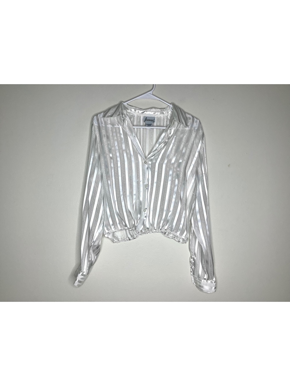 Vintage Joanna White Striped Sheer Satin Button-Front Top